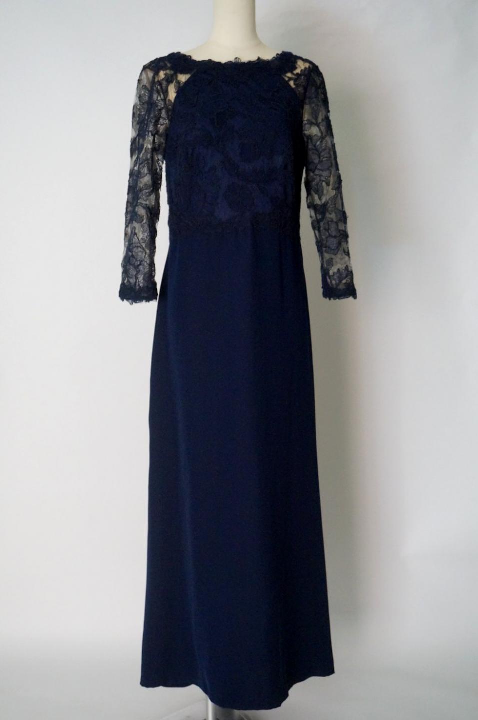 TADASHI SHOJI チュールレースの7分袖ロングドレス ネイビー
